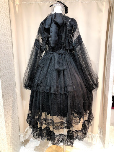 点薄纱连衣裙长袍(黑色)