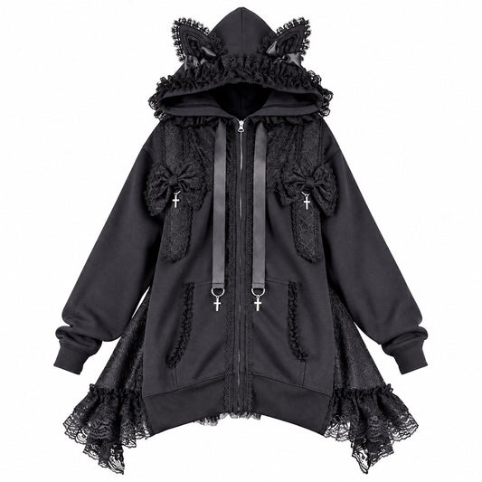 [予約1ヶ月]CAT EAR PRESENT RIBBON DRESS PARKA(BLACK)