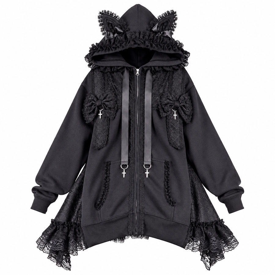 [1 month pre-order] CAT EAR PRESENT RIBBON DRESS PARKA (BLACK x BLACK)