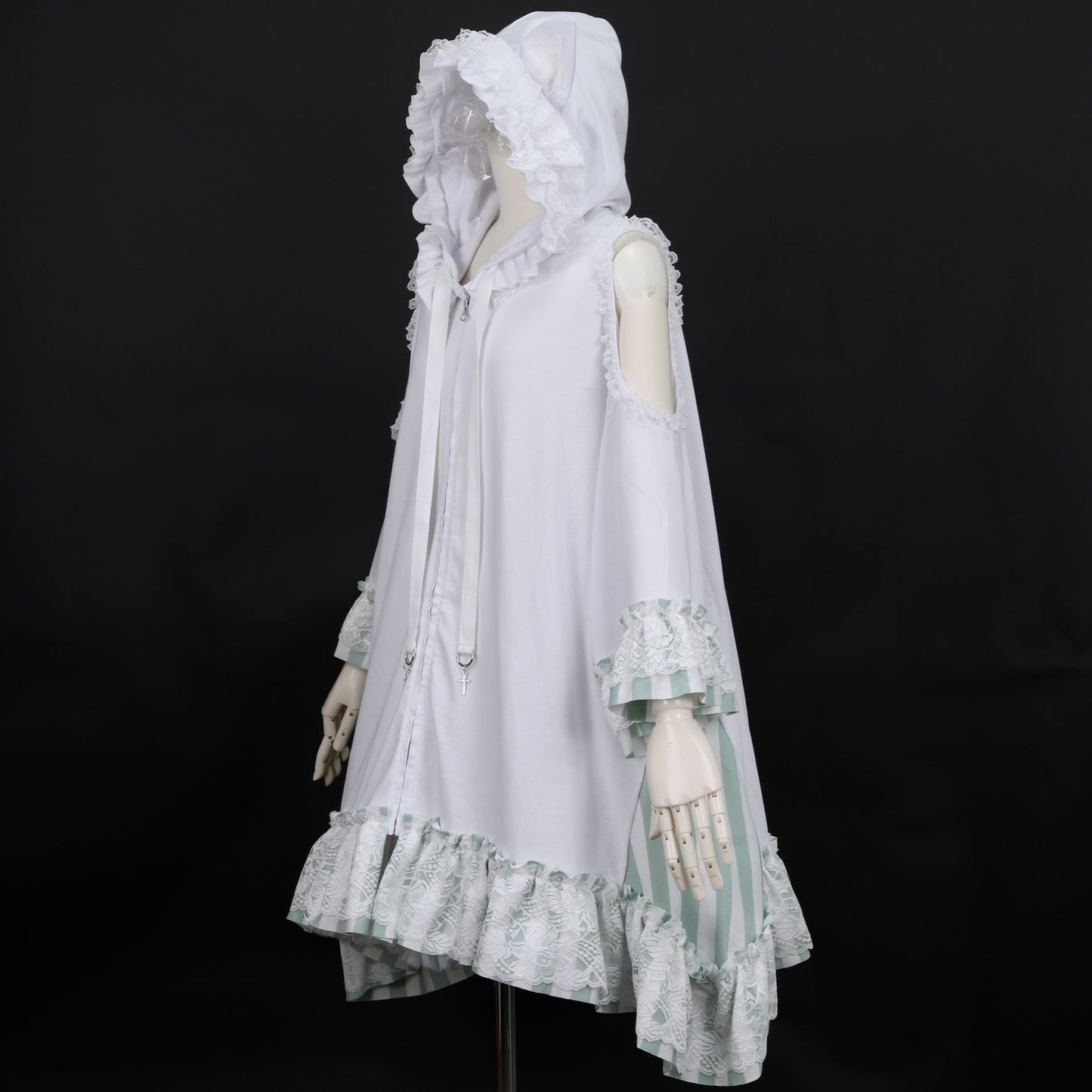 H&A OPEN SHOULDER SUMMER EDITION CAT EAR DRESS PARKA(WHITE-GREEN-STRIPE)