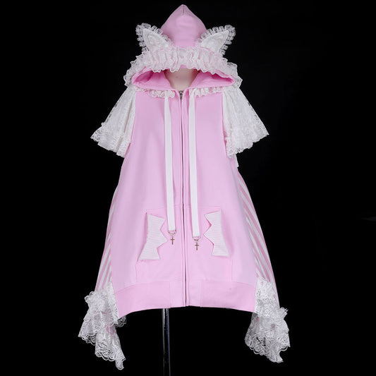 H & A Cat Ears Flare Sleeve Dress Parka (PINK X WHITE)