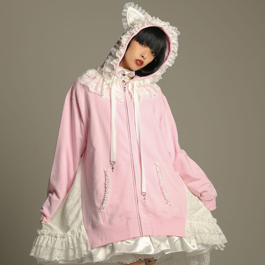 H&A CAT LACE EARS DRESS PARKA(PINK x WHITE)