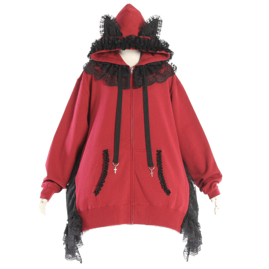 H&A CAT LACE EARS DRESS PARKA(RED x BLACK)