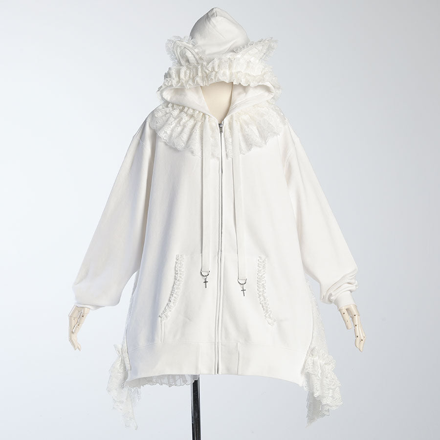 CAT EARS BACK FLEECE DRESS PARKA (WHITE)