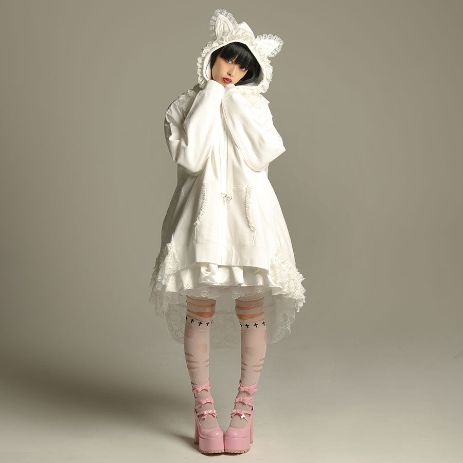 H&A CAT LACE EARS DRESS PARKA(WHITE x WHITE)