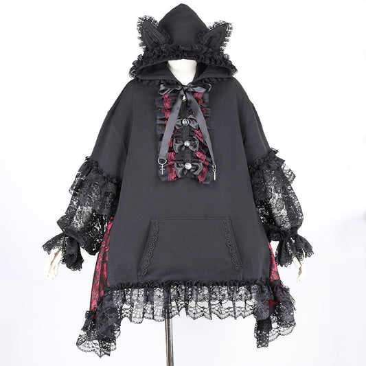 H&A TILE CAT EARS PULL-OVER DRESS HOODIE (BLACK x RED)