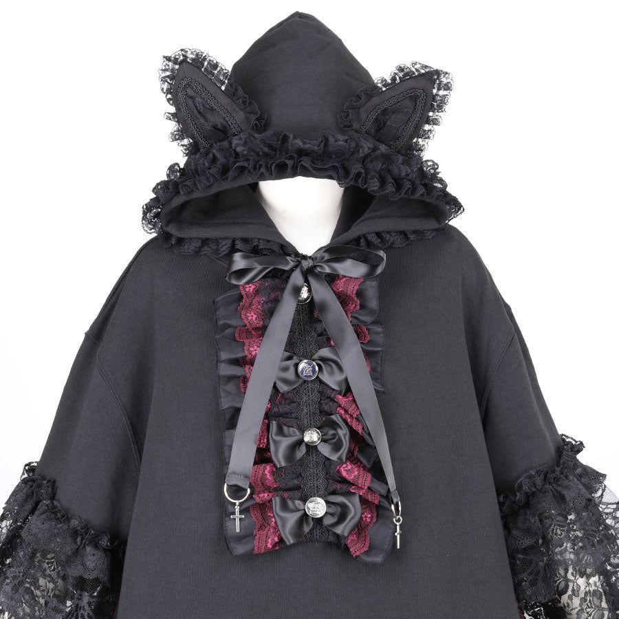 H&A TILE CAT EARS PULL-OVER DRESS HOODIE (BLACK x RED)