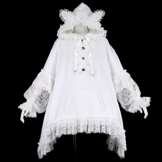 H&amp;A PILE CAT EARS PULL-OVER DRESS HOODIE (WHITE)