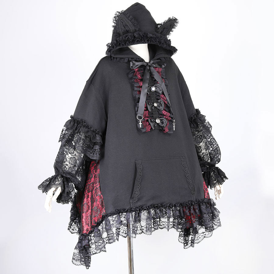 H&amp;A FLEECE LINING CAT EARS PULL-OVER DRESS HOODIE (BLACK x RED)