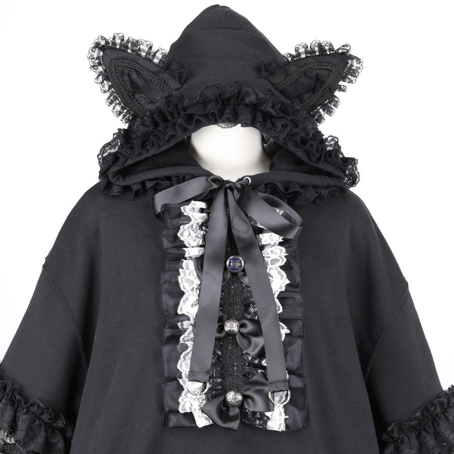 H&A FLEECE LINING CAT EARS PULL-OVER DRESS HOODIE (BLACK x WHITE)