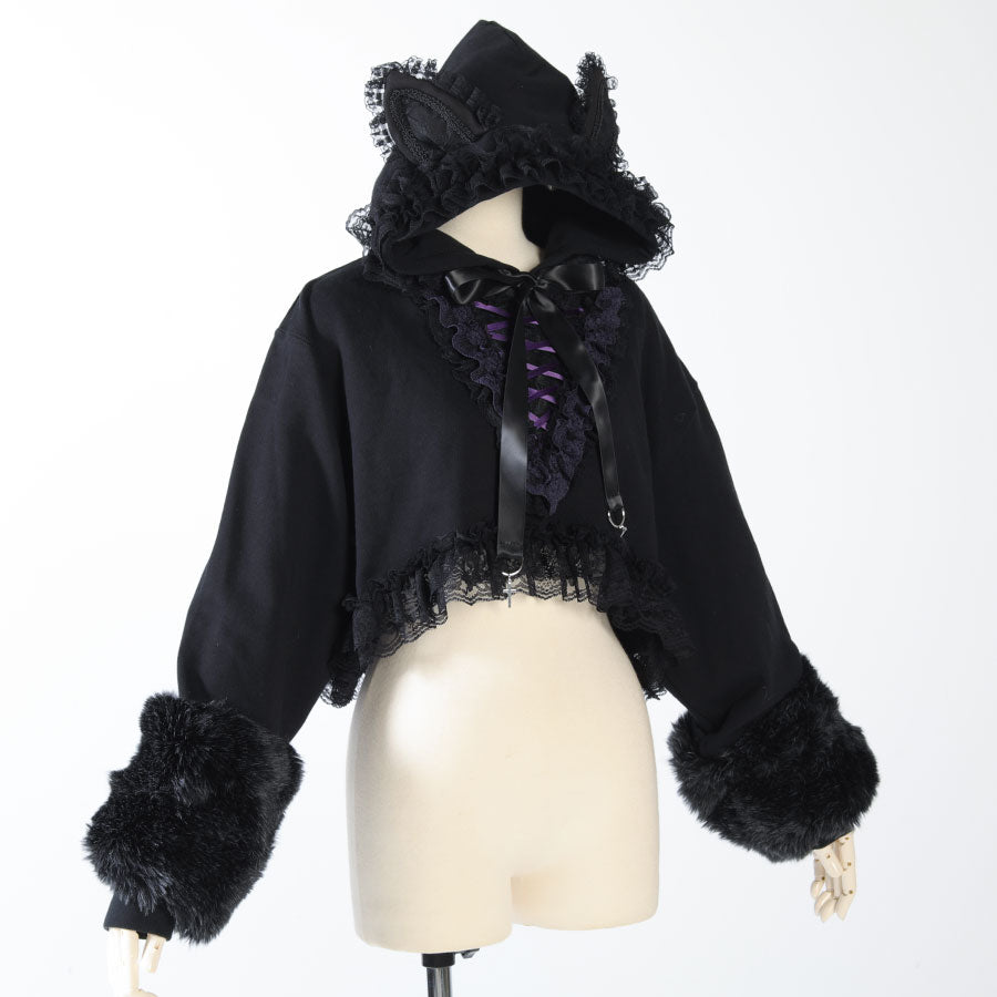 H&A MINI LACE UP CAT EAR HOODIE (BLACK x PURPLE)