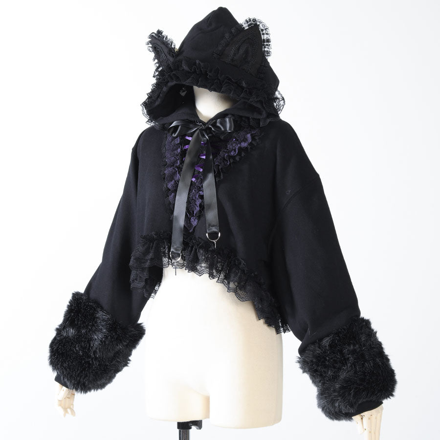 H A MINI LACE UP CAT EAR HOODIE BLACK x PURPLE MAJOH