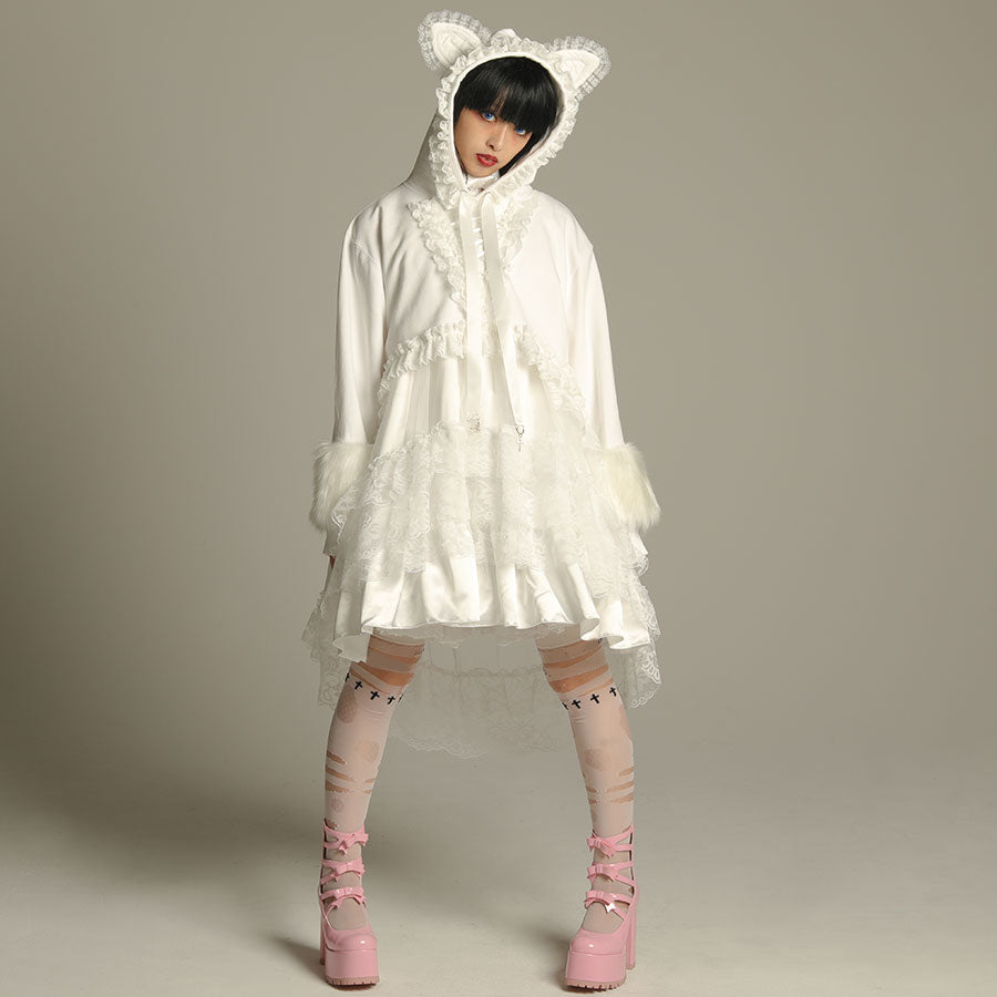 H&A MINI LACE UP CAT EAR HOODIE (WHITE)