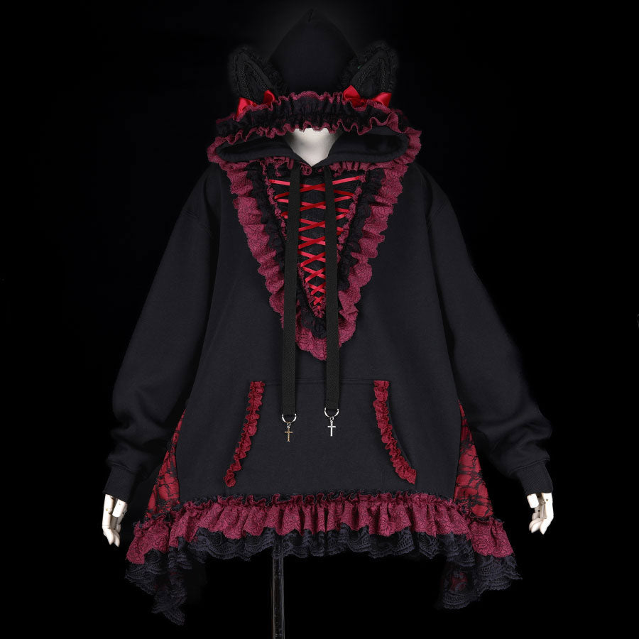 CAT EAR LACE UP PULL-OVER (BLACK x RED)