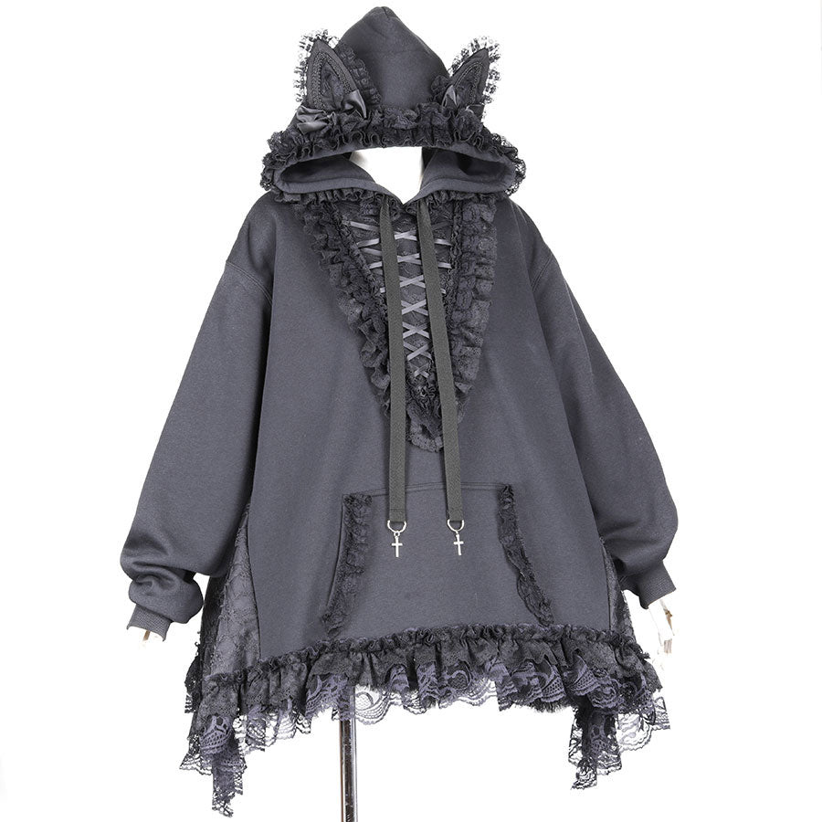 CAT EAR LACE UP PULL-OVER (BLACK)