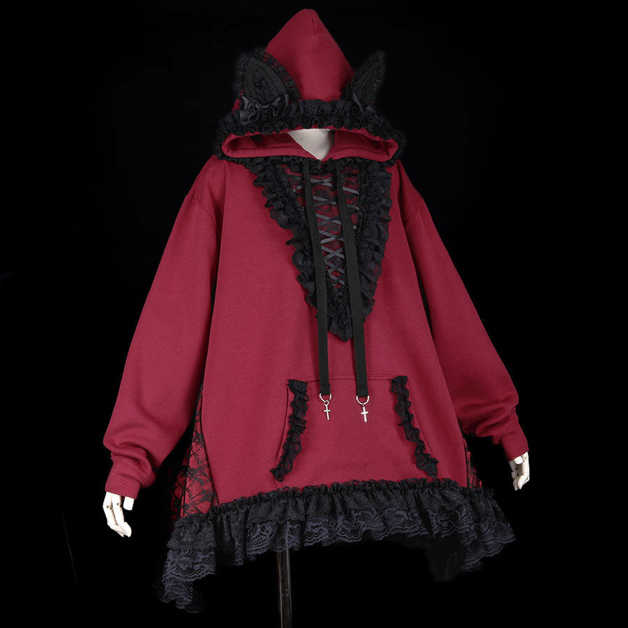 CAT EAR LACE UP PULL-OVER (RED x BLACK)
