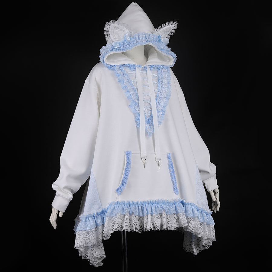 CAT EAR LACE UP PULL-OVER (WHITE x BLUE)