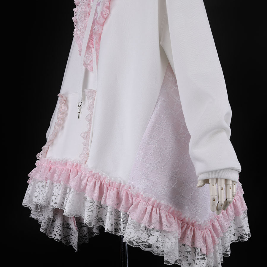 CAT EAR LACE UP PULL-OVER (WHITE x PINK)