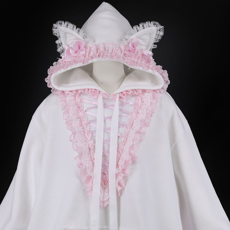 CAT EAR LACE UP PULL-OVER (WHITE x PINK)