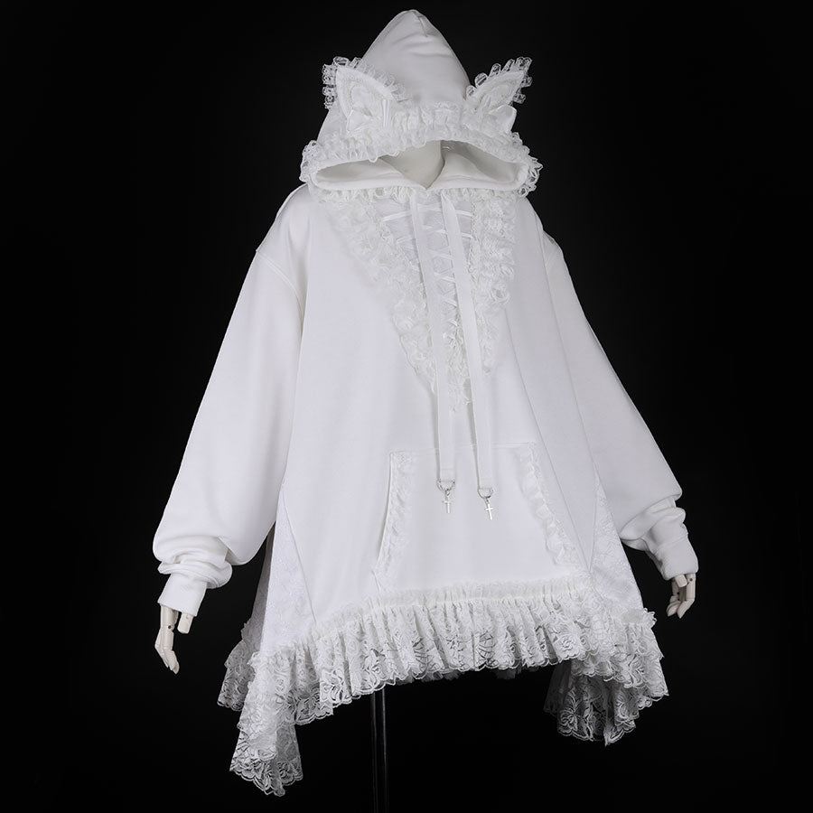 CAT EAR LACE UP PULL-OVER (WHITE)