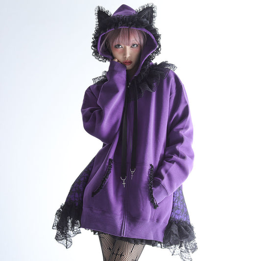 猫耳抓绒连衣裙派克大衣（紫色）