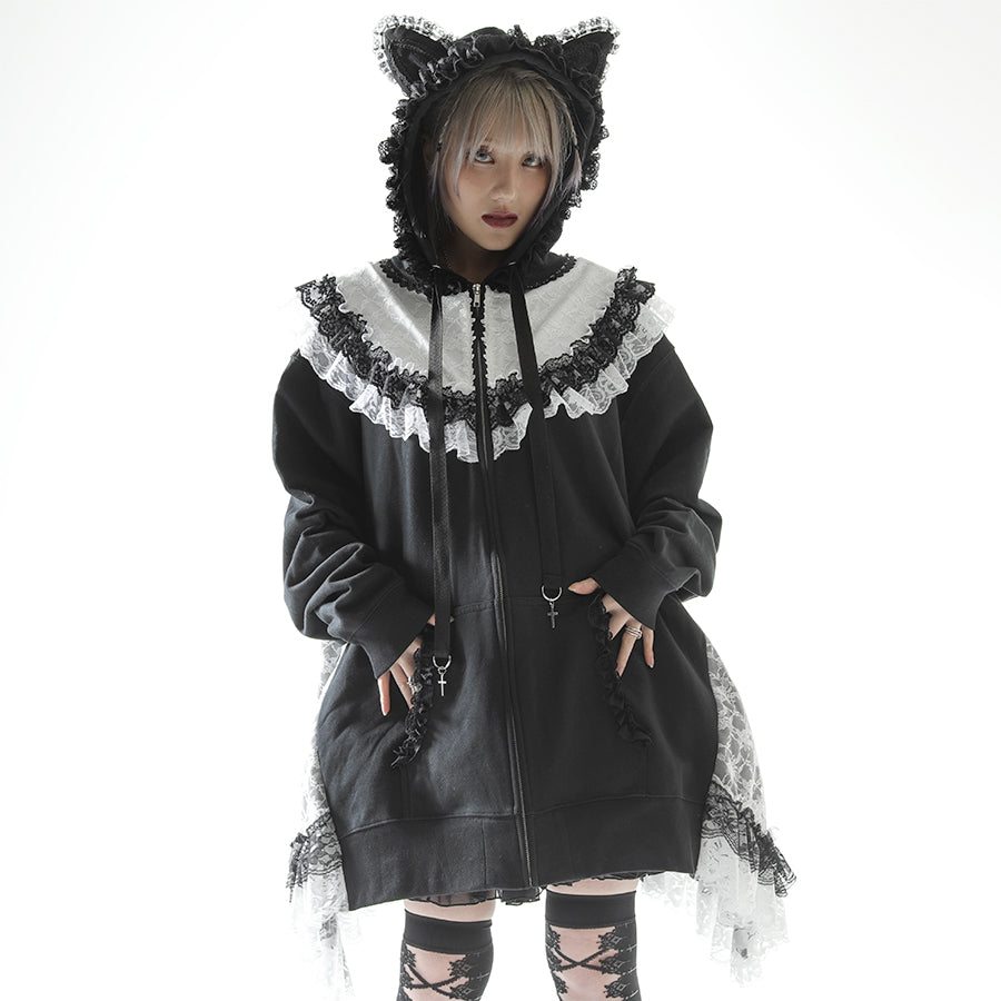 CAT EAR LACE CAPE DRESS PARKA(BLACK x WHITE)