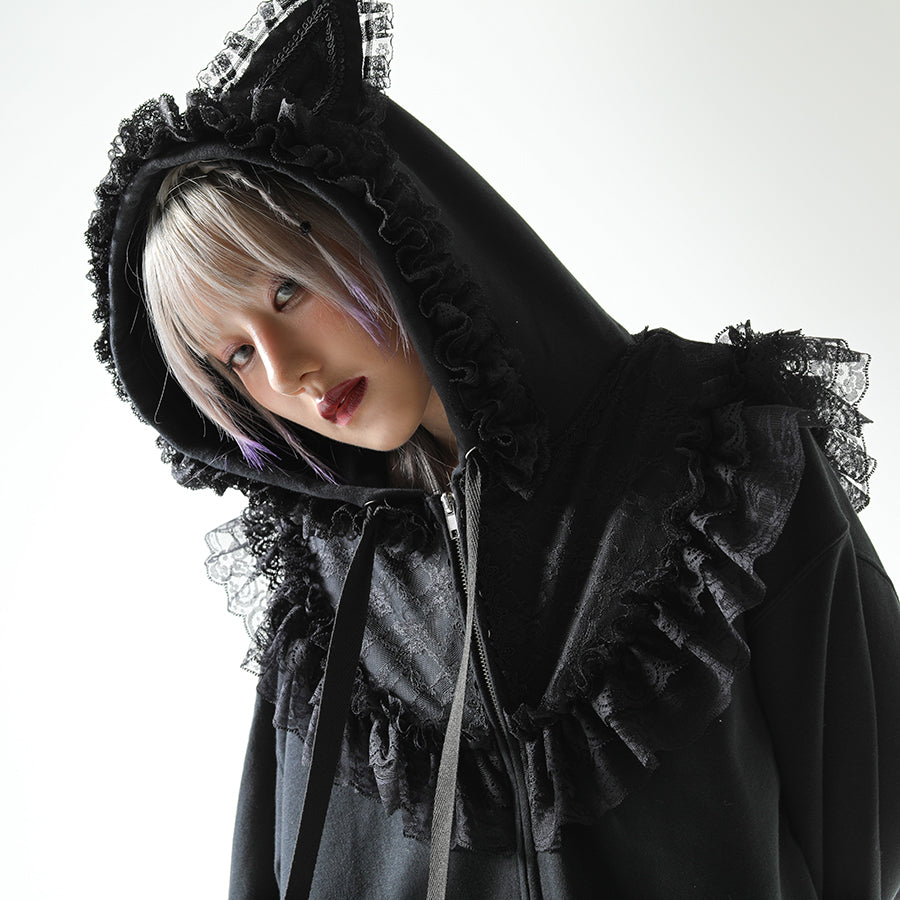 CAT EAR LACE CAPE DRESS PARKA (BLACK)