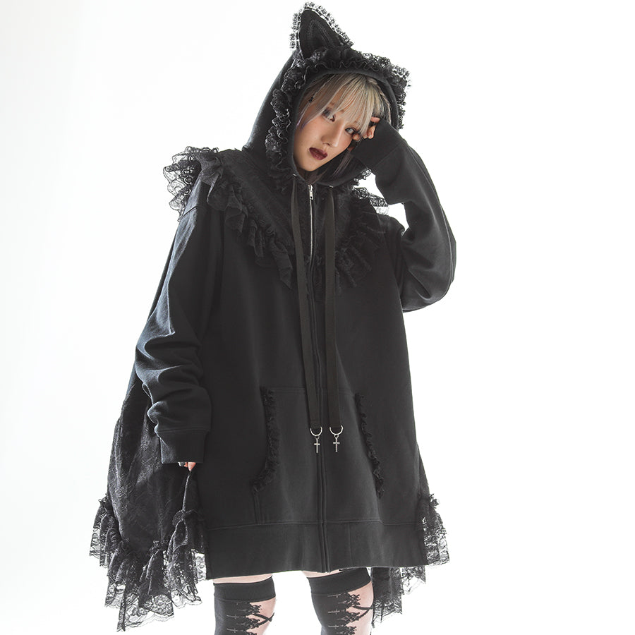 CAT EAR LACE CAPE DRESS PARKA (BLACK)