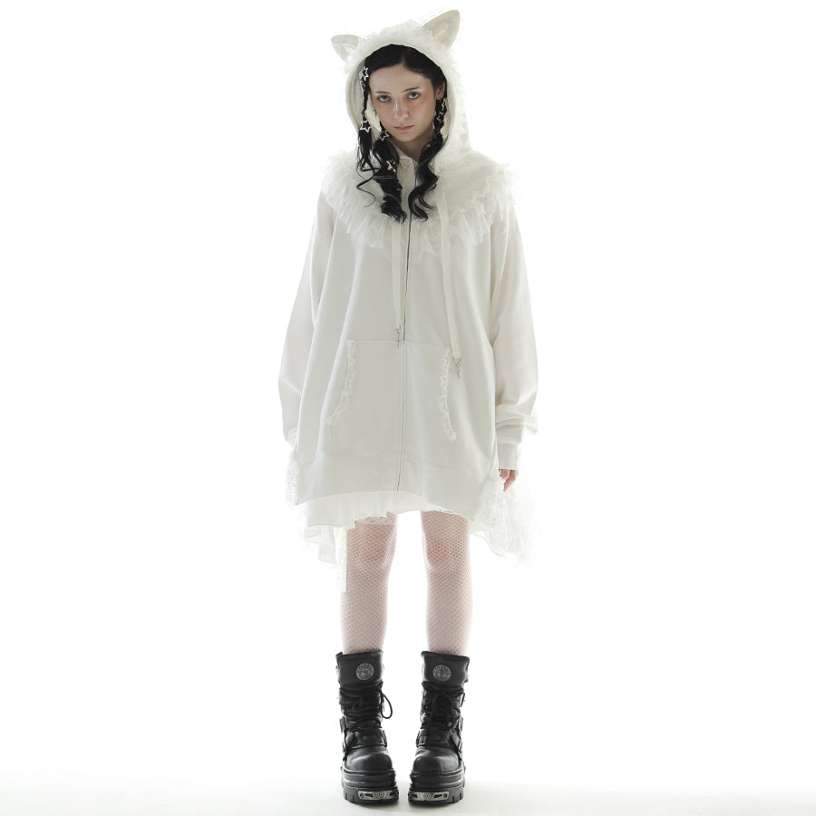 CAT EAR LACE CAPE DRESS PARKA (WHITE)