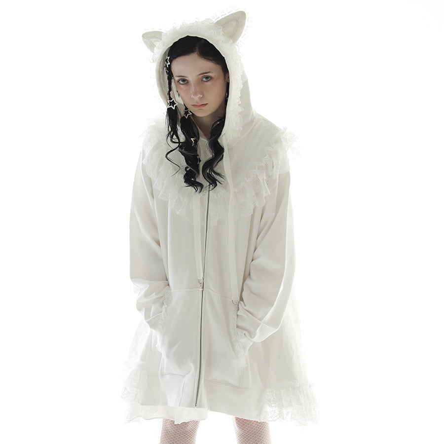 CAT EAR LACE CAPE DRESS PARKA (WHITE)