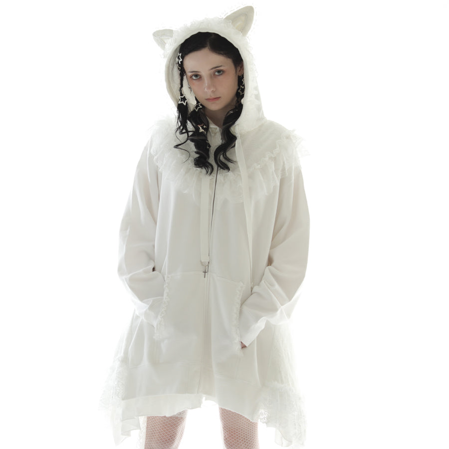 CAT EAR LACE CAPE DRESS PARKA (WHITE)