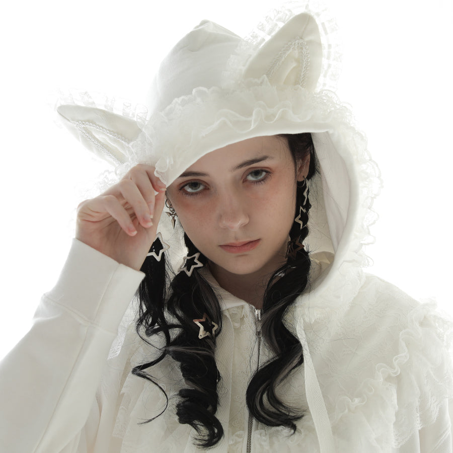 CAT EAR LACE CAPE DRESS PARKA (WHITE)