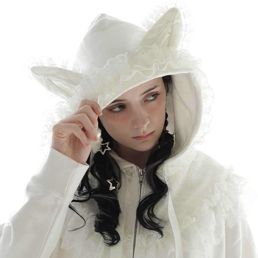 CAT EAR LACE CAPE DRESS PARKA (WHITE)