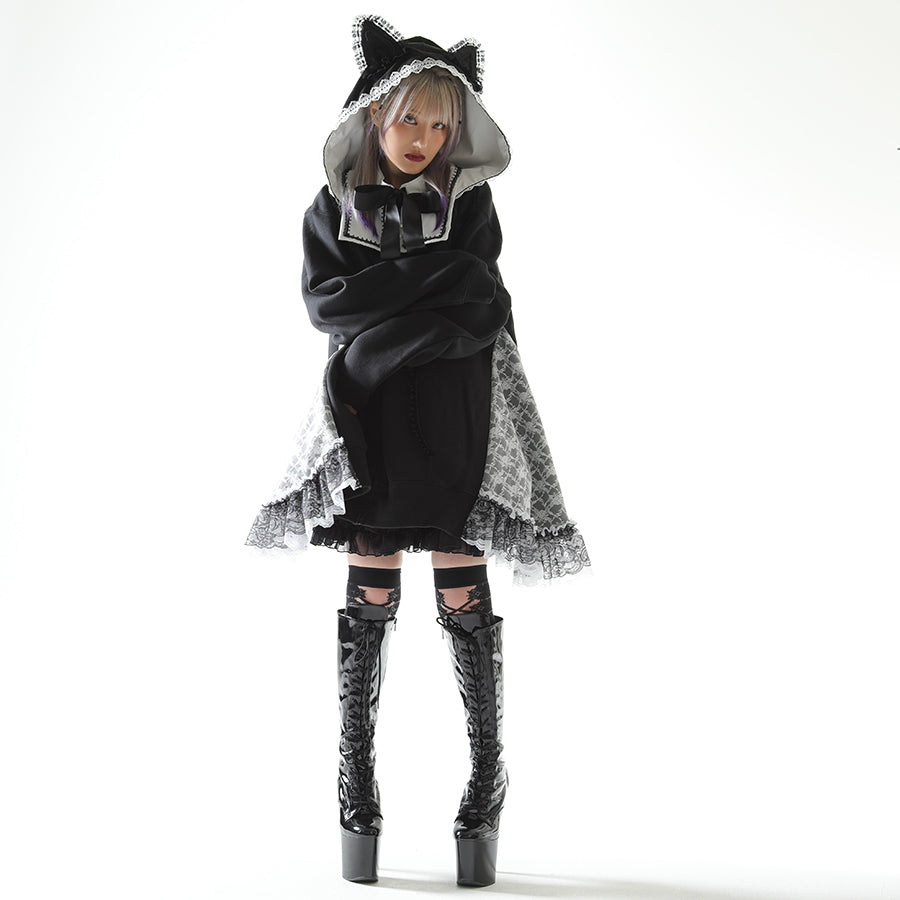 SISTER CAT DRESS PARKA (BLACK x WHITE)