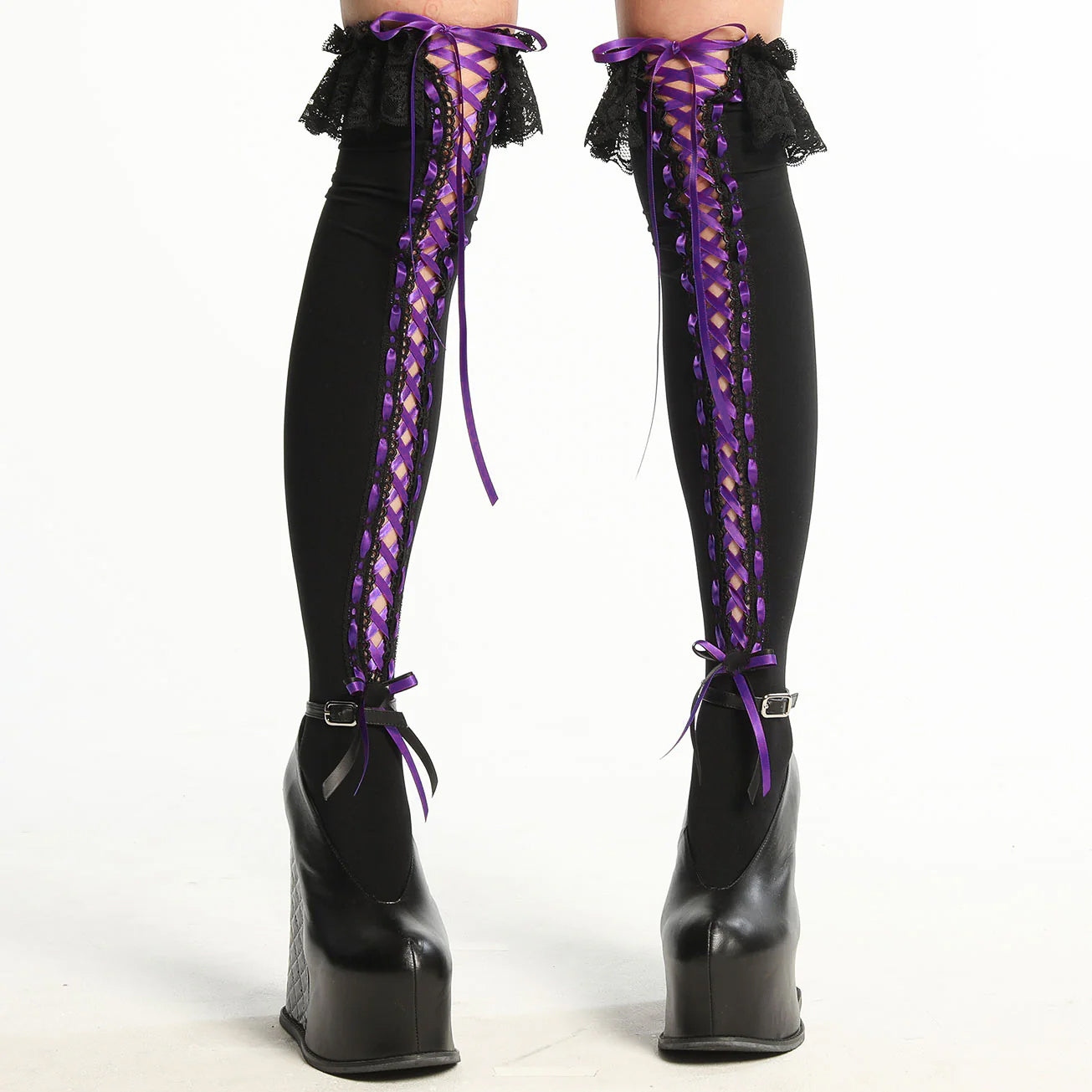 KNEE HIGH LONG LACE UP SOCKS (BLACK x PURPLE)
