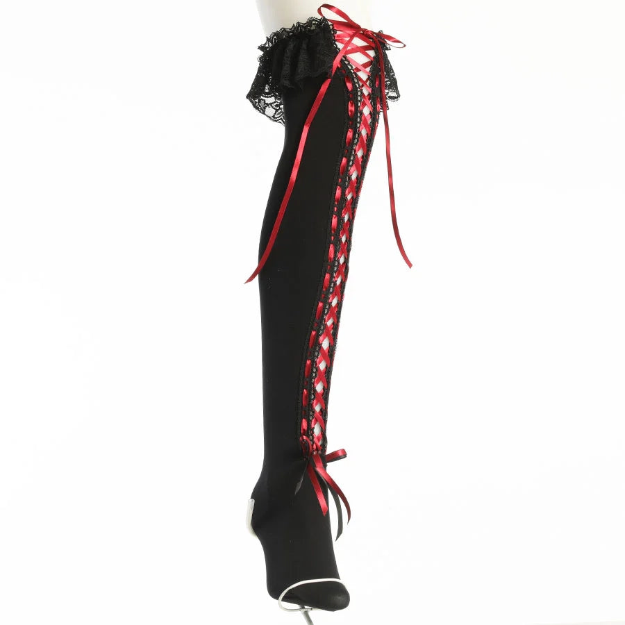 KNEE HIGH LONG LACE UP SOCKS (BLACK x RED)