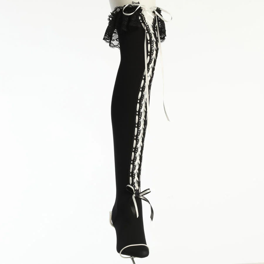 KNEE HIGH LONG LACE UP SOCKS (BLACK x WHITE)