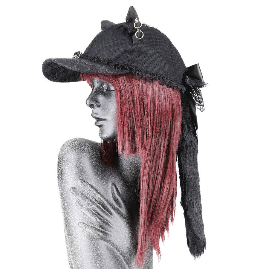 [1 month order] CAT EAR &amp; TAIL LACE CAP (BLACK)