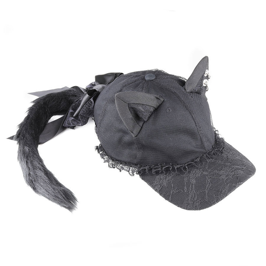 [1 month order] CAT EAR &amp; TAIL LACE CAP (BLACK)