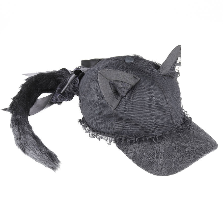 [1 month order] CAT EAR &amp; TAIL LACE CAP (BLACK)