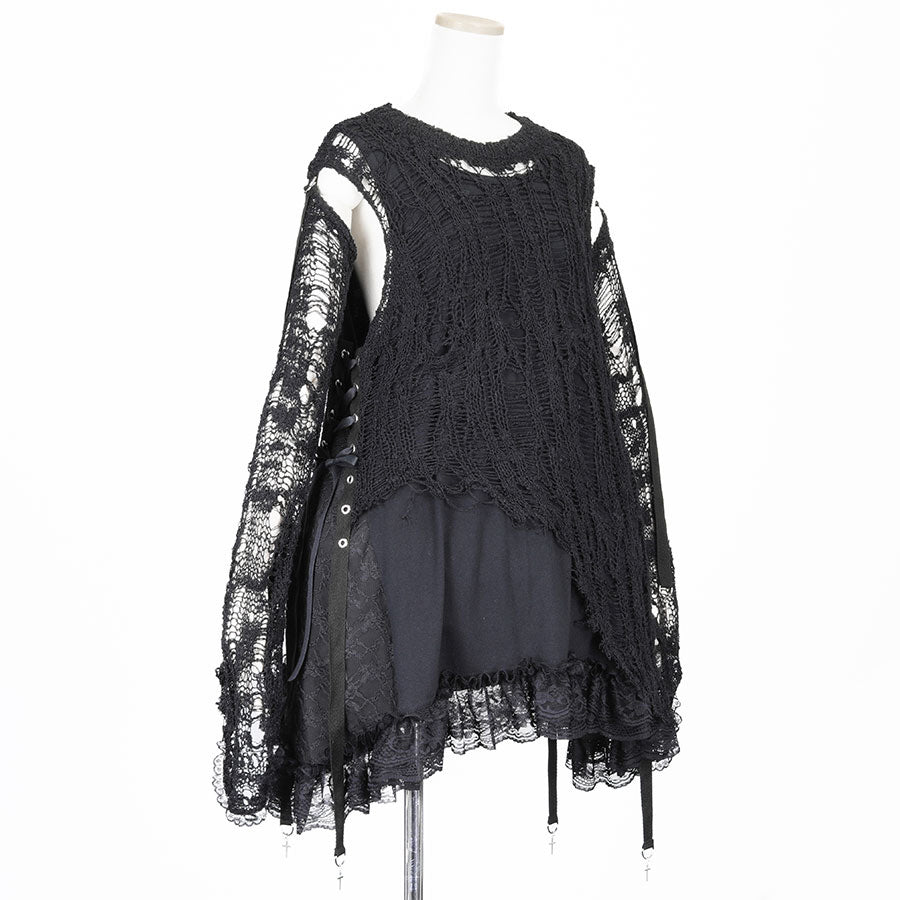 DAMAGE KNIT ARM COVER DRESS (BLACK)