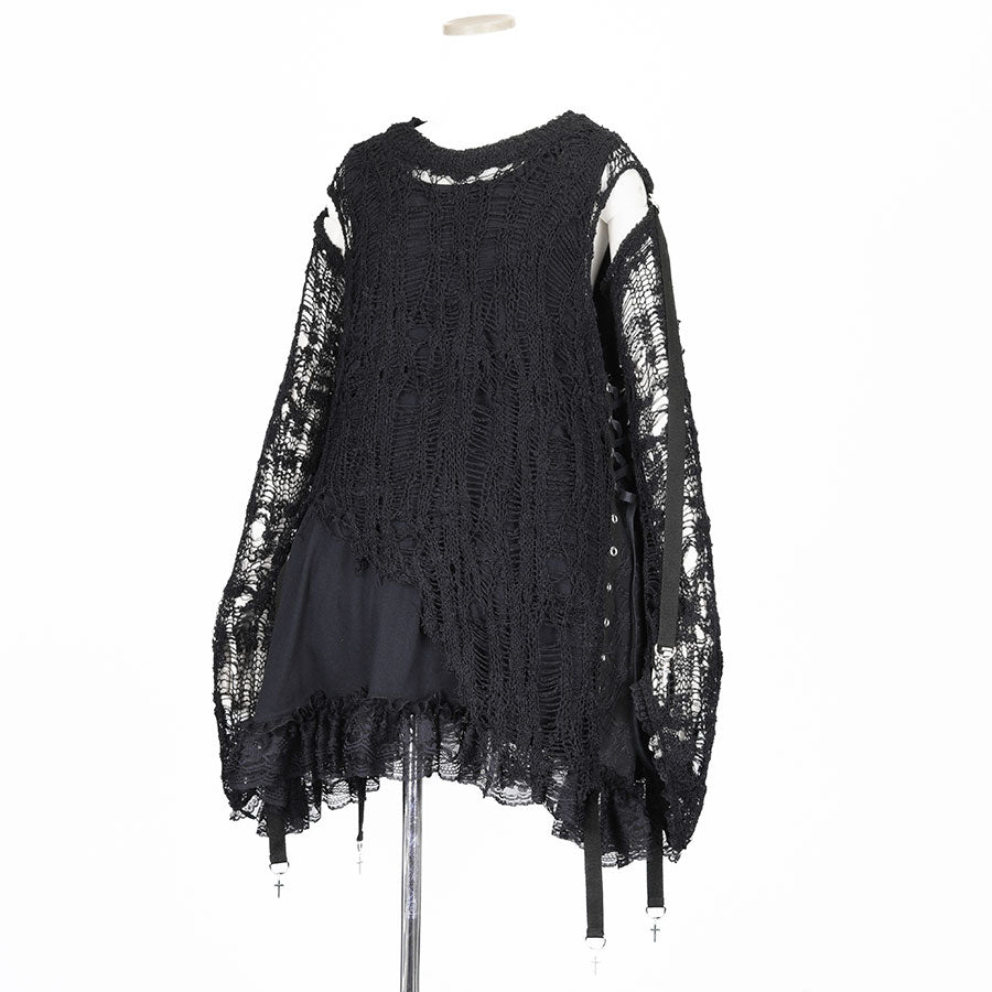 DAMAGE KNIT ARM COVER DRESS (BLACK)