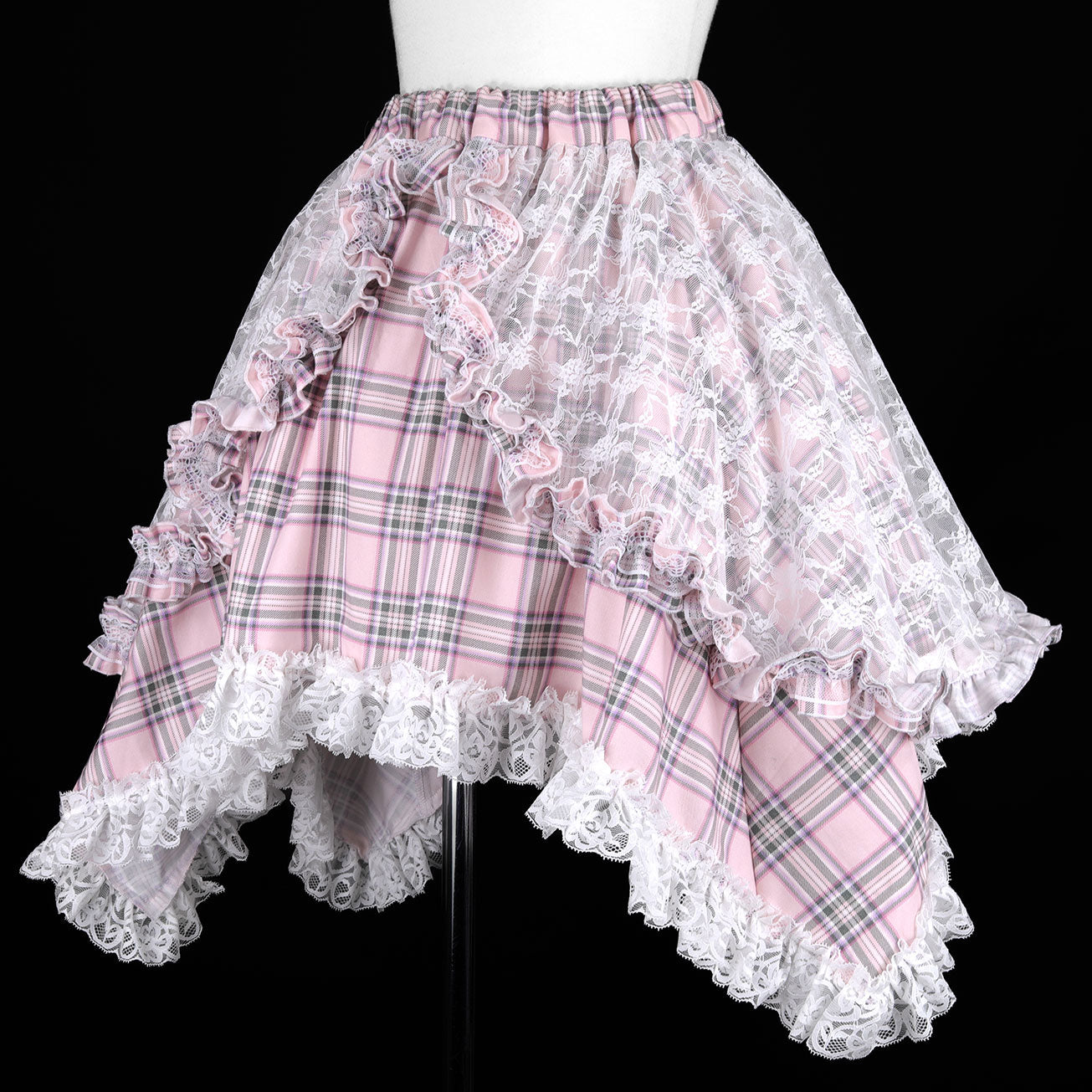 ANGRY DOUBLE RIBBON CAT TAIL MINI SKIRT (PINK x CHECK)