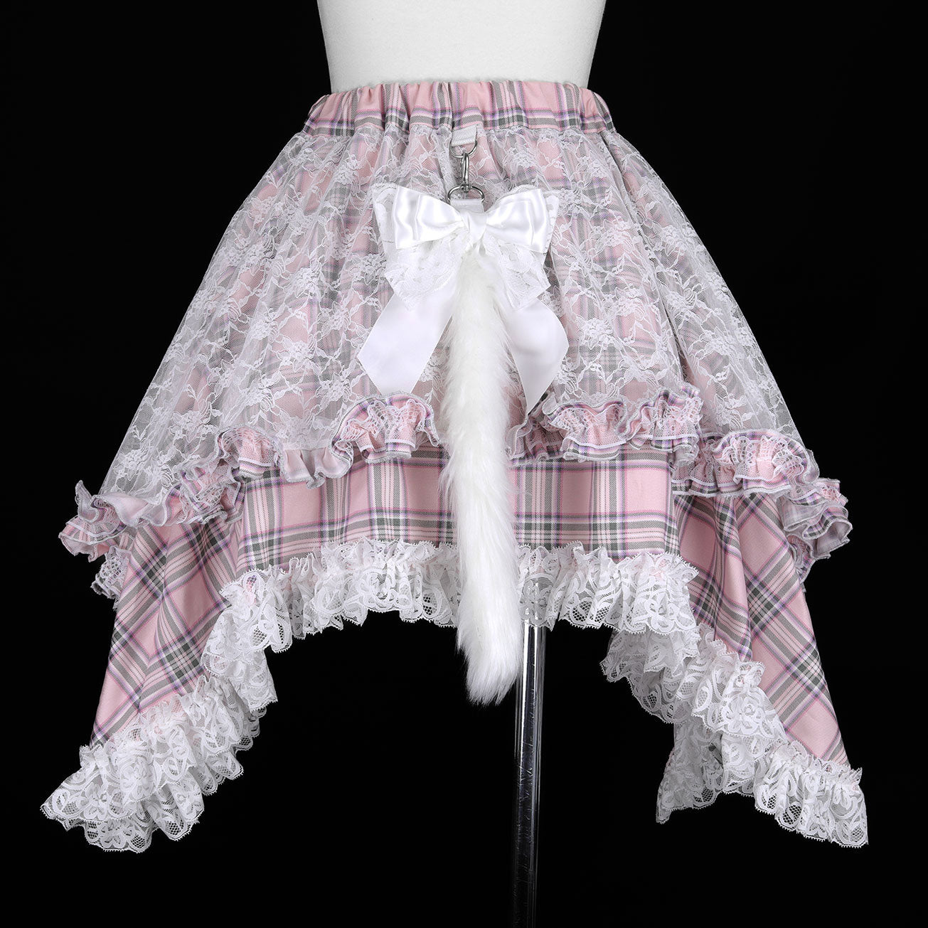 ANGRY DOUBLE RIBBON CAT TAIL MINI SKIRT (PINK x CHECK)