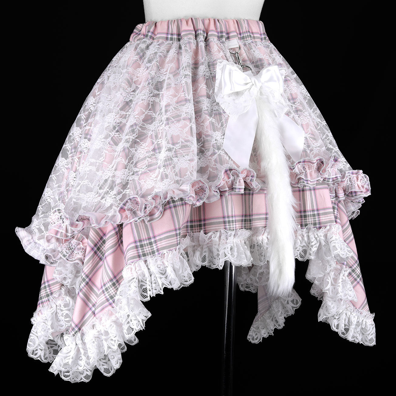 ANGRY DOUBLE RIBBON CAT TAIL MINI SKIRT (PINK x CHECK)