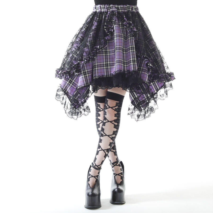 ANGRY DOUBLE RIBBON CAT TAIL MINI SKIRT (PURPLE x CHECK)