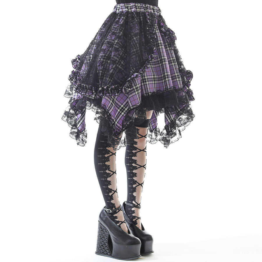 ANGRY DOUBLE RIBBON CAT TAIL MINI SKIRT (PURPLE x CHECK)