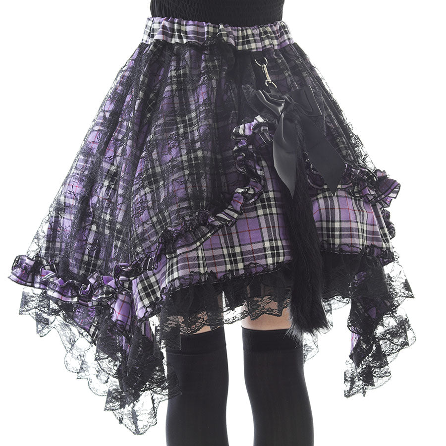 ANGRY DOUBLE RIBBON CAT TAIL MINI SKIRT (PURPLE x CHECK)