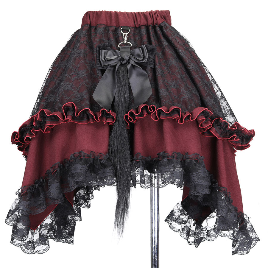 ANGRY DOUBLE RIBBON CAT TAIL MINI SKIRT(RED x BLACK)