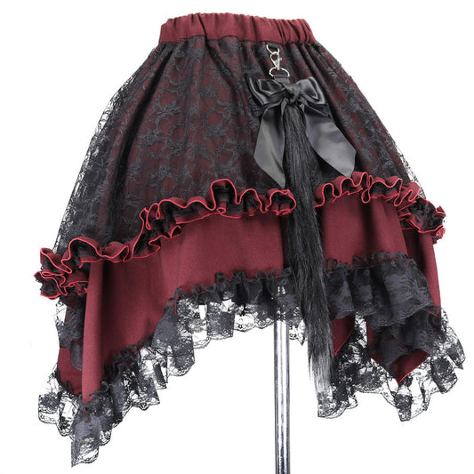 ANGRY DOUBLE RIBBON CAT TAIL MINI SKIRT(RED x BLACK)